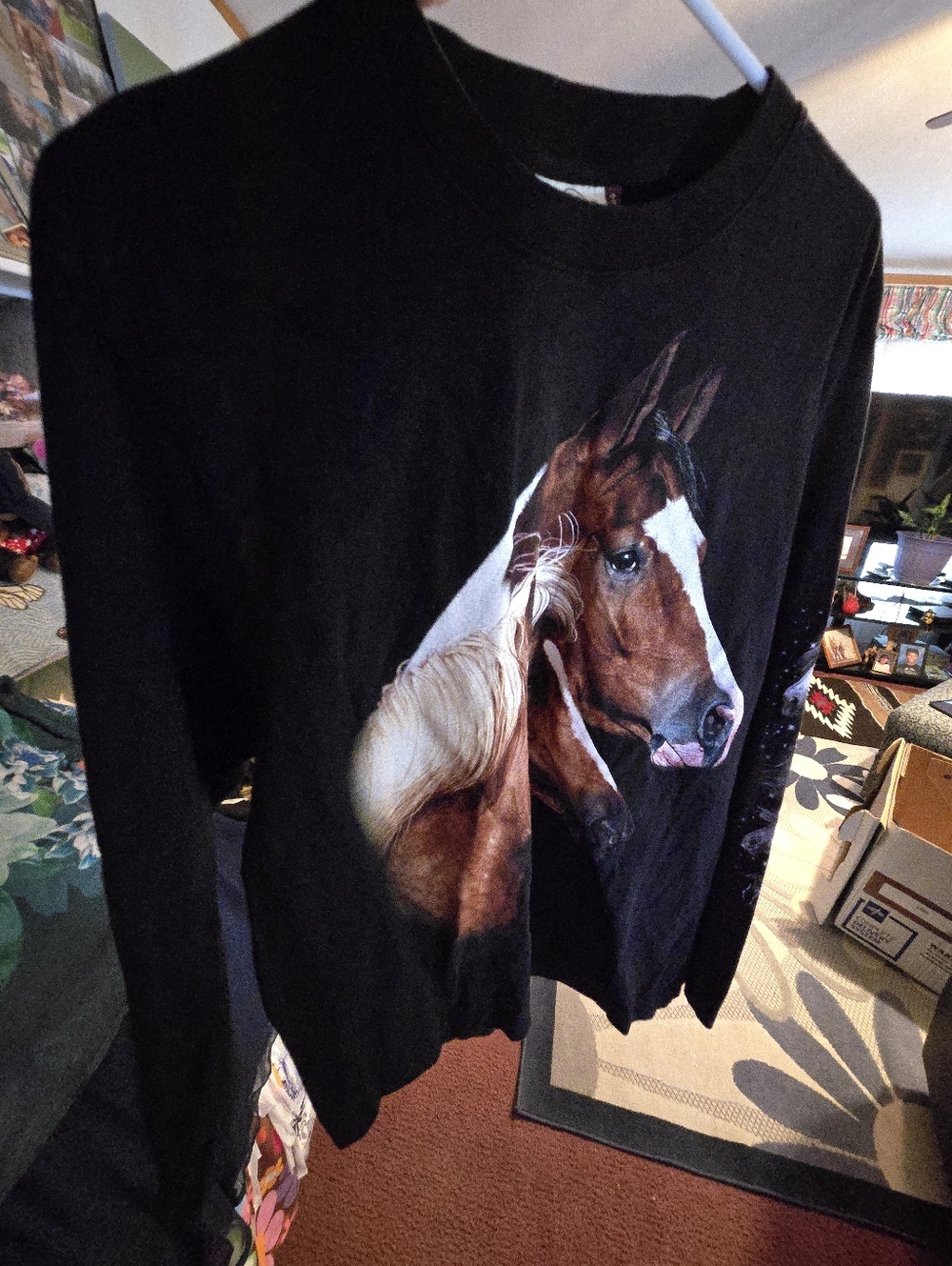Black Long Sleeve Tee with Realistic Horse Graphic